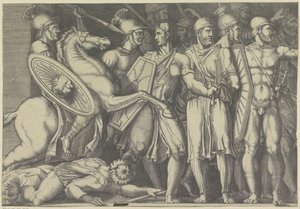 Trajanus vechtend met Daciërs door Marco Dente (attributed to)