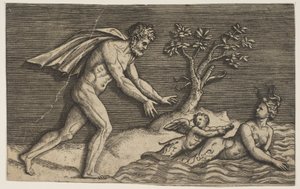 Een naakte man die een najade en een cupido het water in jaagt, ca. 1515-27 door Marco Dente