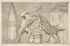 Een sater en een ram die elkaar aanvallen, de sater zwaait met een knuppel in zijn rechterhand, ca. 1515-27 door Marco Dente