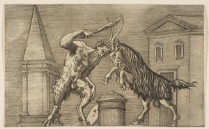 Een sater en een ram die elkaar aanvallen, de sater zwaait met een knuppel in zijn rechterhand..., ca. 1515-27 door Marco Dente