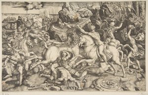 Slagveld in een landschap met soldaten te paard en verschillende gevallen mannen, een ander..., ca. 1520
