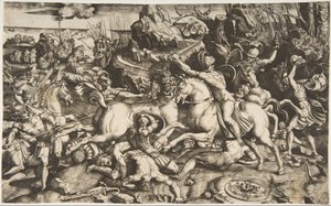 Slagveld in een landschap met soldaten te paard en verschillende gevallen mannen, ca. 1520 door Marco Dente