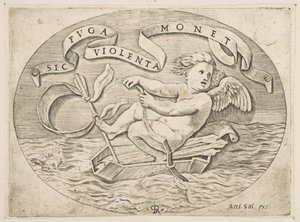 Eros ontsnapt over zee, Cupido gebruikt zijn boog om een boot voort te stuwen gemaakt van zijn koker, ca. 1515-27