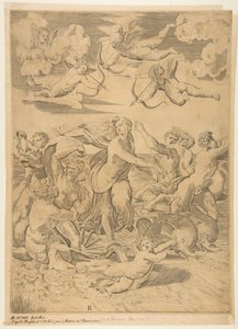 Galatea rijdend in een schelp getrokken door dolfijnen, een cupido eronder