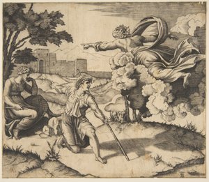 God verschijnt aan Isaak, God zwevend in wolken wijzend naar Rebecca zittend onder... door Marco Dente