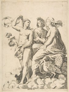 Juno, Ceres en Psyche in de wolken in gesprek, Juno zittend met een pauw bij haar..., ca. 1515-27 door Marco Dente