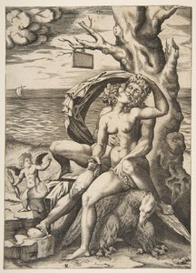 Jupiter en Semele omhelzen elkaar, een adelaar onder hen, een boom rechts door Marco Dente