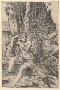 Pan bespiedt de nimf Syrinx die op een rots zit en haar haar kamt, ca. 1516-20 door Marco Dente