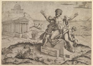 Speculum Romanae Magnificentiae: Oude bas-reliëfs met Laocoon door Marco Dente