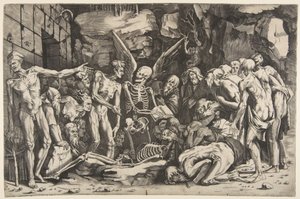 De skeletten, een groep uitgemergelde mannen en vrouwen verzameld rond een skelet, 1515-27 door Marco Dente
