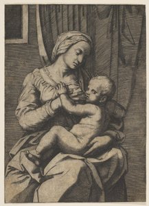 Maagd die het kind Christus op haar schoot voedt