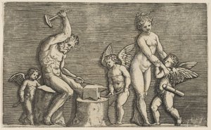 Vulcan zittend hameren op een aambeeld geflankeerd door Venus en drie cupido