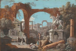 Een capriccio van Romeinse ruïnes