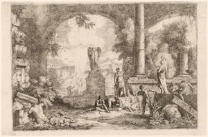 Capriccio van antieke ruïnes met mannen die naar een klassieke redenaar kijken