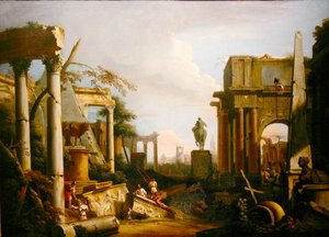 Landschap met klassieke ruïnes en figuren