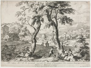 Uitzicht op een dorp met figuren op de voorgrond