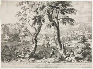 Uitzicht op een dorp met figuren op de voorgrond, 1723