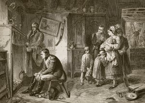 Napoleon zoekt rust in een huisje langs de weg na zijn nederlaag bij Waterloo, gegraveerd door J.D. Cooper door Marcus Stone