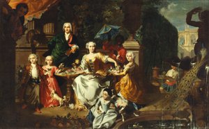 Een familie op een terras in de tuin van een villa. Mogelijk de Engelse zakenman George Jackson en zijn familie door Marcus Tuscher