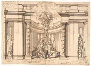 Het interieur van een tempel met het Deense wapen en de stamboom van de Oldenburgse koningen door Marcus Tuscher