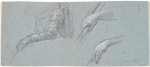 Twee studies van handen en studie van vrouwentorso met uitgestrekte arm
