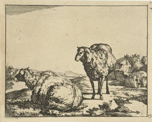 Staand en liggend schaap met boerderij op achtergrond door Marcus de Bye