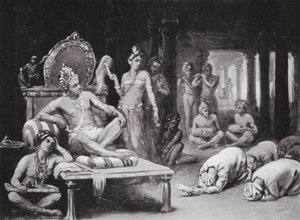 Vikramanka Chalukhya stuurt een vriendelijke brief naar Kulottunga Chola (litho) door Margaret (after) Dovaston