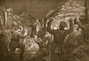 Een Duitse officier en veertien van zijn mannen roepen om genade naar luitenant Leach (litho) door Margaret Dovaston