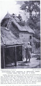 Bombadier King assisteert bij artillerie observaties vanaf het dak van een schuur aan de overkant van de Leie oktober 1914 (litho) door Margaret Dovaston