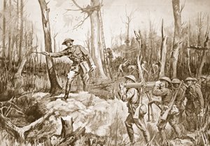Kapitein (tijdelijk luitenant-kolonel) R.B. Barker organiseert de verdediging van een bos (litho) door Margaret Dovaston