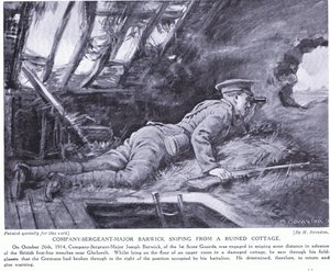 Sergeant-majoor Barwick sluipt vanuit een vervallen huisje bij Ghehuvelt oktober 1914 (litho) door Margaret Dovaston