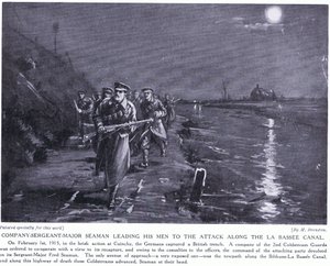 Compagniessergeant majoor Seaman leidt zijn mannen langs het La Basse-kanaal februari 1915 (litho) door Margaret Dovaston