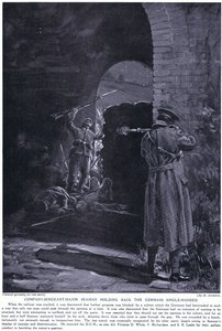 Company Sergeant Major Seaman won een DCM voor het met één hand tegenhouden van een Duitse aanval in februari 1915 (litho) door Margaret Dovaston