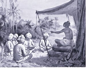 Kulottunga Chola instrueert zijn landmeters 1086 AD (litho) door Margaret Dovaston