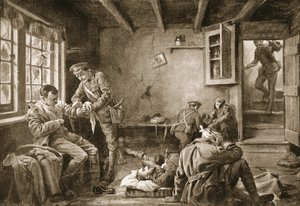 Lance-Corporal Royall verzorgt de gewonden in een onder vuur liggende herberg (litho) door Margaret Dovaston