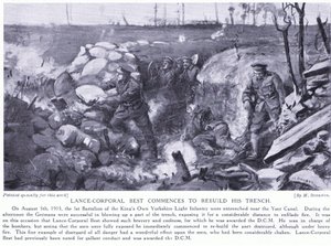 Korporaal Best onderscheiden met DCM voor het heropbouwen van zijn loopgraaf bij het IJzerkanaal onder zwaar vuur in augustus 1915 (litho) door Margaret Dovaston