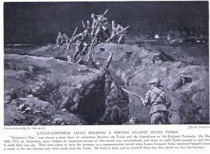 Korporaal Jacka wint een VC door te laten zien hoe één man zeven kan verslaan mei 1915 (litho) door Margaret Dovaston