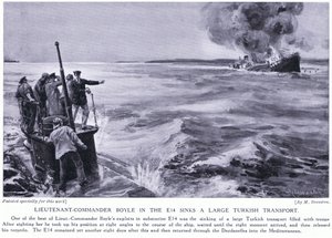 Luitenant Commandant Boyle in de E14 brengt een groot Turks transport tot zinken 1915 (litho) door Margaret Dovaston