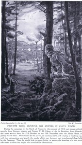 Soldaat Edom op jacht naar sluipschutters in Chivy Wood, herfst 1914 (litho) door Margaret Dovaston