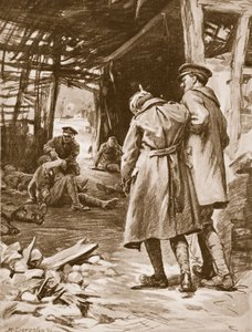 Soldaat J.S. Kerr verleent eerste hulp aan gewonden bij een zwaar beschoten boerderij (litho)