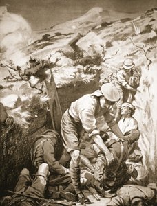 Soldaten Druall en Smith ruimen de gewonden op van een sap dat onbeschermd was en blootgesteld aan zwaar vuur (litho) door Margaret Dovaston