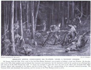 Sergeant Spence won een DCM voor het leiden van zijn peloton tijdens een bajonetcharge in bossen bij Wasmes in augustus 2014 (litho) door Margaret Dovaston