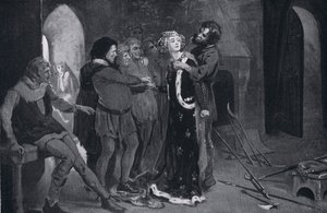 De schone maagd van Kent gekust door opstandelingen AD1381 door Margaret Dovaston