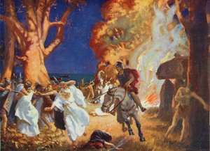 De afslachting van Druïden in Anglesey door de Romeinen in 60 na Christus, illustratie uit 