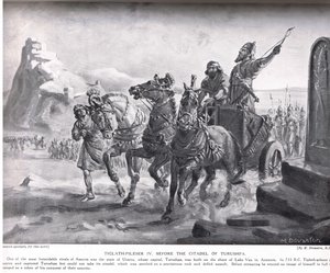 Tiglath-Pileser IV voor de citadel van Turushpa, illustratie uit 