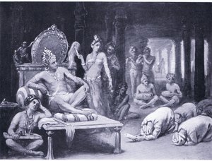 Vikramanka Chalukhya stuurt een vriendelijke boodschap naar Kulottunga Chola (litho) door Margaret Dovaston