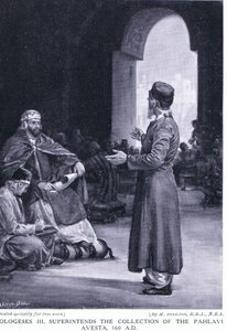 Vologeses III houdt toezicht op het verzamelen van de Pahlavi Avesta 160AD (litho) door Margaret Dovaston