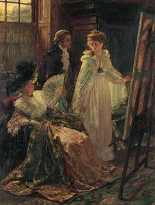 Miss Angel, Angelica Kauffman, geïntroduceerd door Lady Wentworth, bezoekt het atelier van Mr. Reynolds, 1892 door Margaret Isabel Dicksee