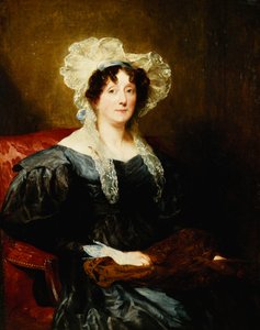 Portret van een dame, zittend half lengte, in een donkerblauwe jurk en een witte kanten muts met een blauwe strik, met naaiwerk door Margaret Sarah Carpenter