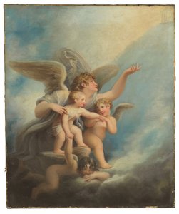 Een engel en putti die de ziel van een kind naar de hemel begeleiden